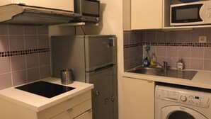 Une cuisine compacte équipée d’un réfrigérateur, d’un four à micro-ondes, d’un évier et d’un lave-linge.