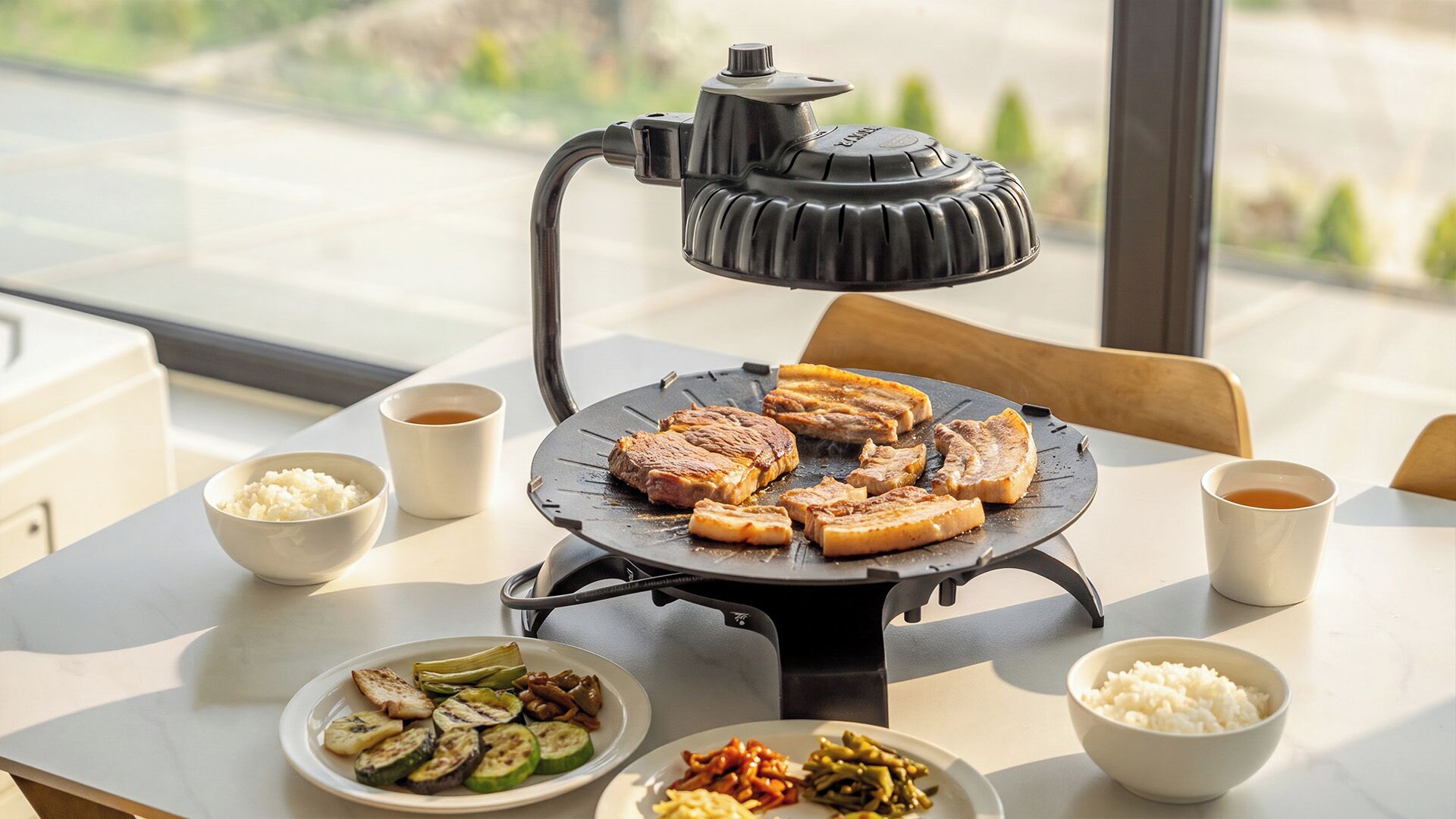 A table with a portable grill, plates of food, and bowls of rice and soup.