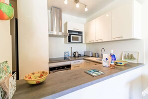Fridge, microwave, oven, toaster