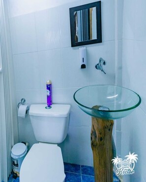 Serviettes fournies, savon, shampooing, papier de toilette