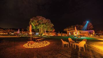 Ein Außenbereich mit Baum, Stühlen und beleuchtetem Pool bei Nacht.