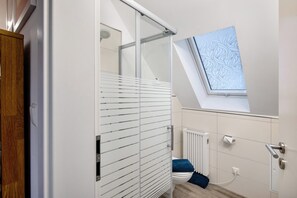Ein modernes Badezimmer mit Dachfenster, einer Dusche und einer Heizkörper.