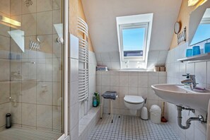 Shower, hair dryer, towels