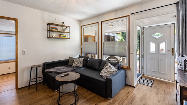 A modern living room with a sofa, a coffee table, and a bookshelf. - Holiday Home 'Stauseeblick' with Lake View, Private Terrace and Wi-Fi (Kelbra)