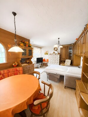 Ein gemütlicher Raum mit Esstisch, Stühlen, einem Bett, einem Fernseher und einem Kleiderschrank.