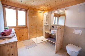 Shower, free toiletries, hair dryer, towels