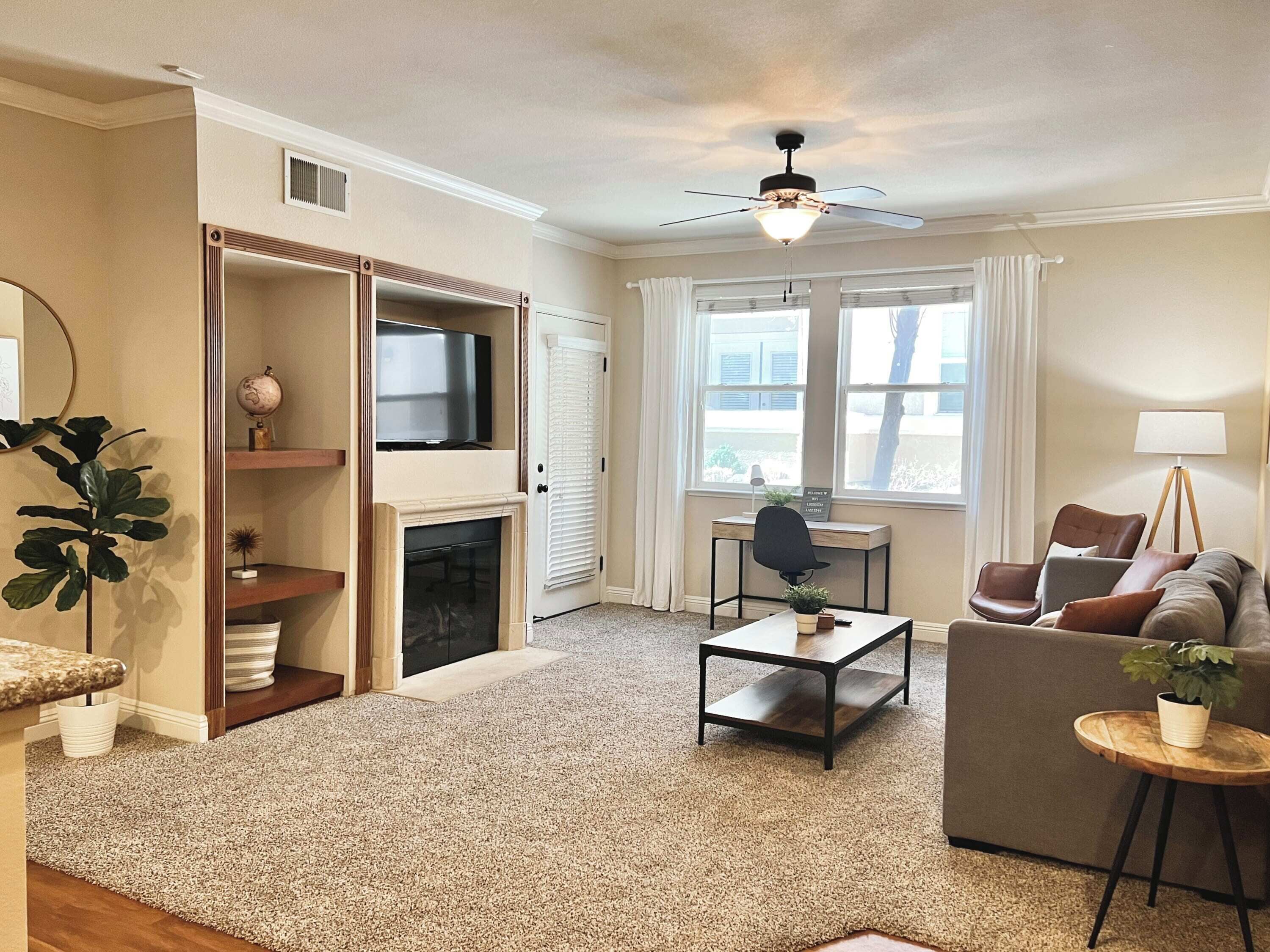 TV, fireplace, offices
