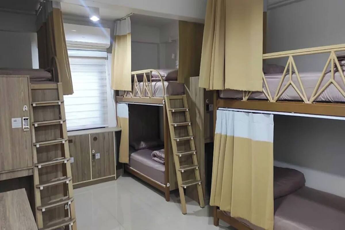 A compact room with bunk beds, a ladder, and a window with curtains.