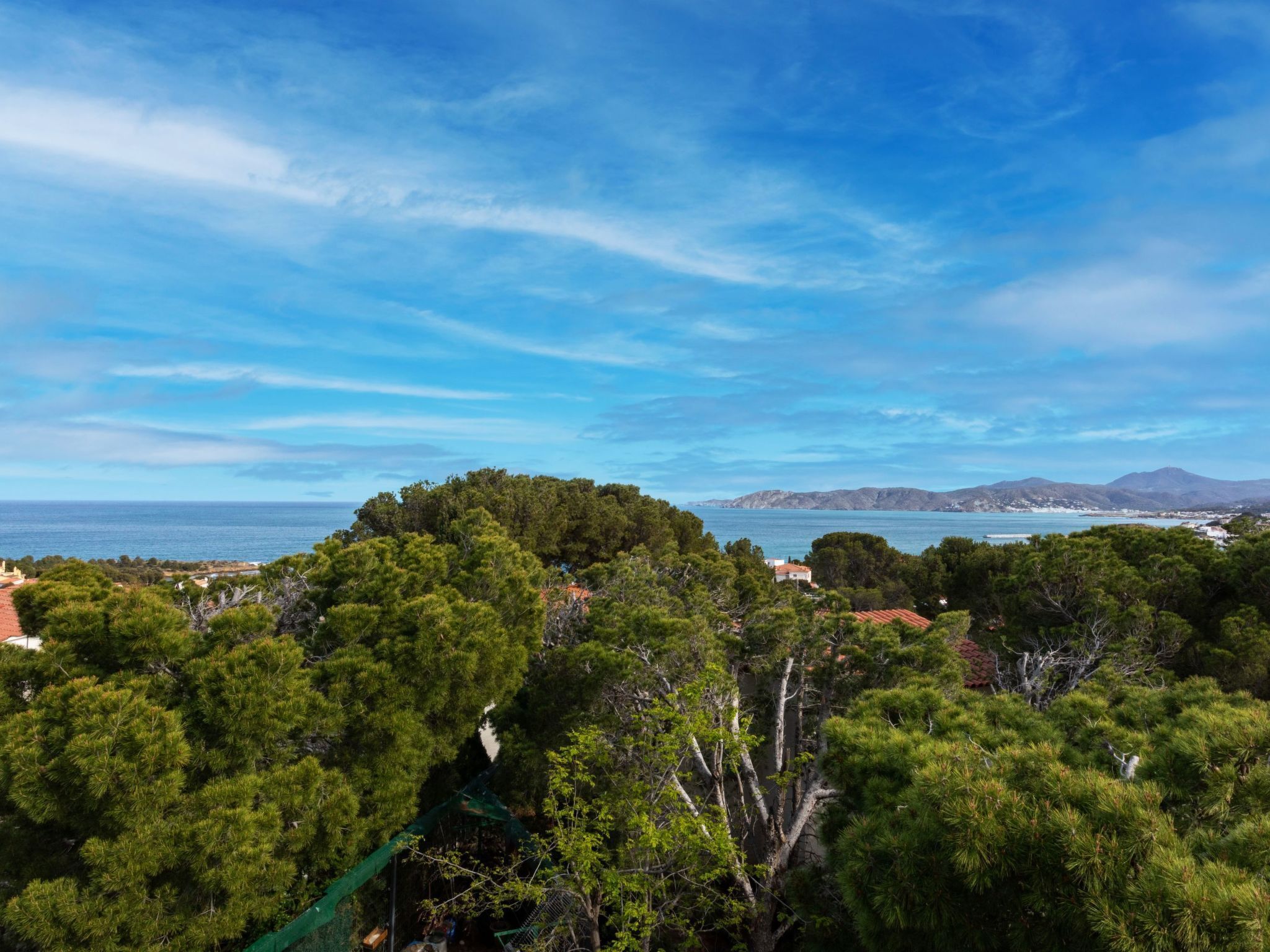 A coastal landscape with dense green trees, a clear blue sky, and a view of the sea and distant mountains.