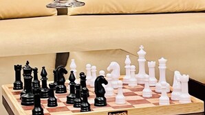 Deux personnes trinquent avec des boissons jaunes, un jeu d’échecs avec les pièces et une table en bois.
