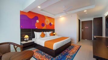 In-room safe, desk, laptop workspace, blackout curtains