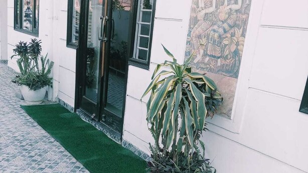 Zona de recepción con suelo de baldosas, plantas en macetas y mostrador de recepción.
