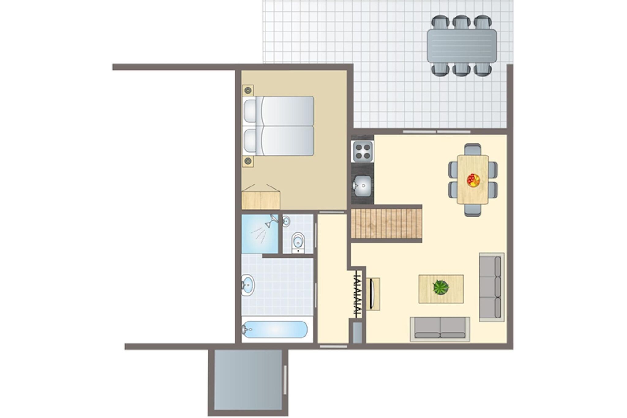 A floor plan of a hotel room with a bathroom, kitchenette, dining area, and a small seating area.