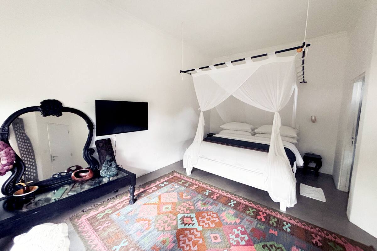 A bedroom with a four-poster bed, a flat-screen TV, a mirror, and a patterned rug.