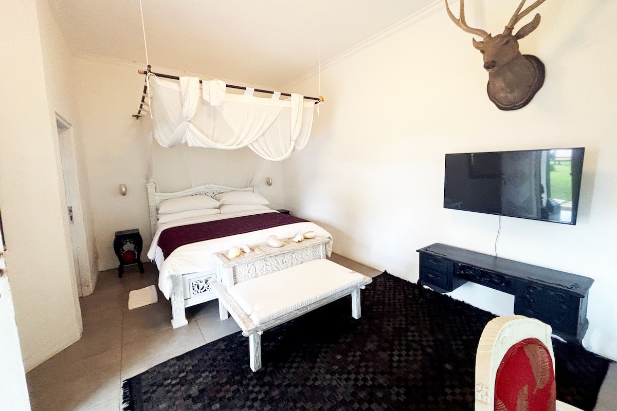 A bedroom with a bed, bedside table, TV, and a mounted deer head.