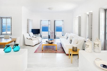 Living area. PRESIDENTIAL VILLA exudes the tranquility and allure of a Cycladic oasis.