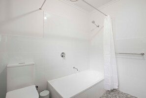 Shower, hair dryer, towels, shampoo