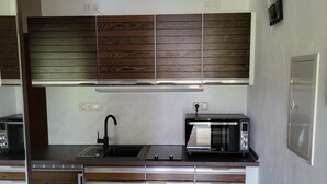 A modern kitchen with wooden panel cabinets, a built-in microwave, and a sink. - Neu Renovierte Ferienwohnung, 50qm, mit Vollausgestatteter Küche (Eggstätt)