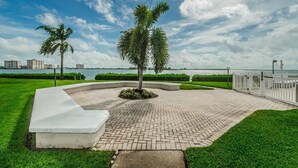 Un espacio al aire libre pavimentado, con palmeras, un banco curvo y vistas a edificios a través de un cuerpo de agua.