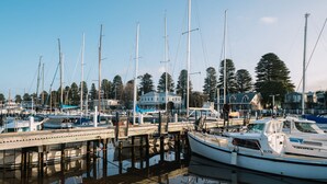A marina with multiple boats docked, a wooden pier, and buildings in the background.