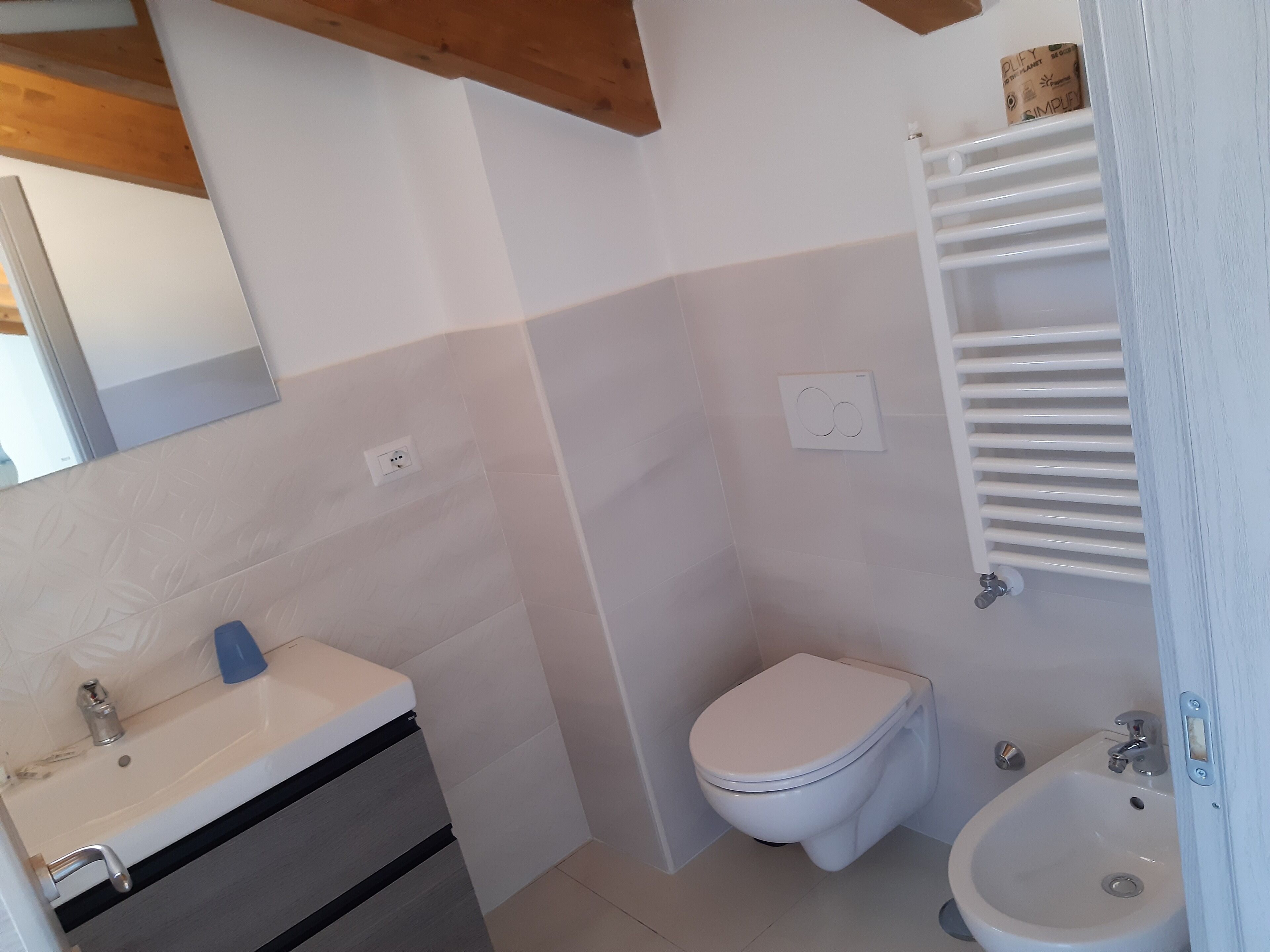 A bathroom with a toilet, bidet, sink, and mirror.