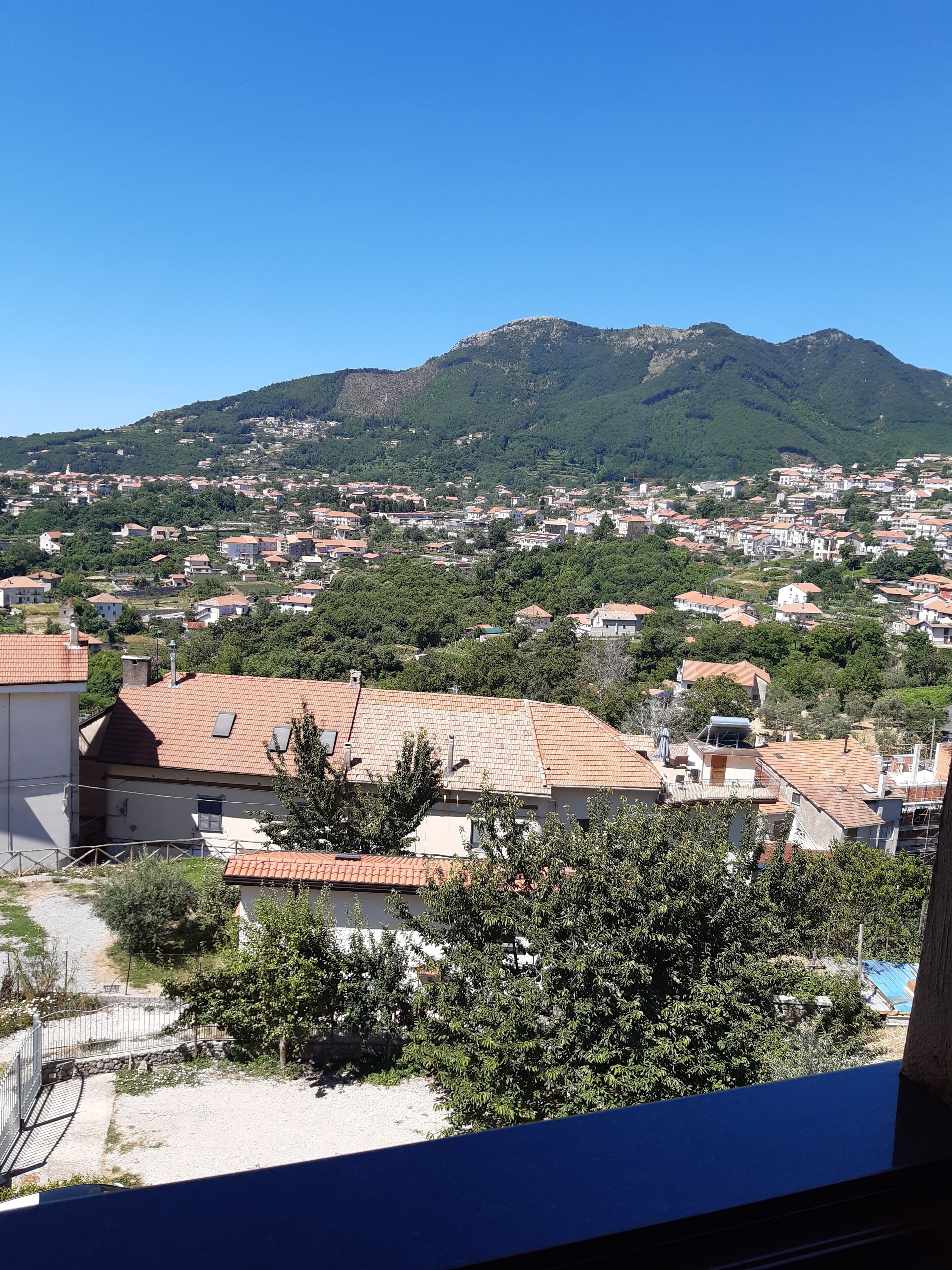 A residential area with houses, a mountain in the background, and a clear sky.