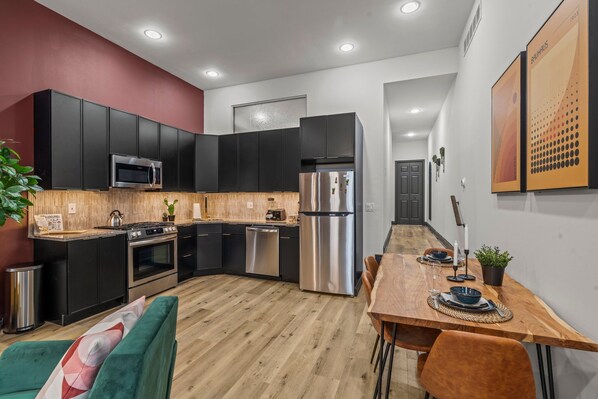 Fridge, microwave, oven, stovetop