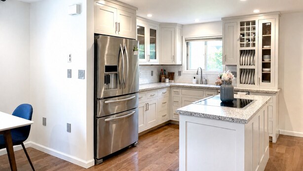 A modern kitchen with stainless steel appliances, white cabinetry, and a central island.