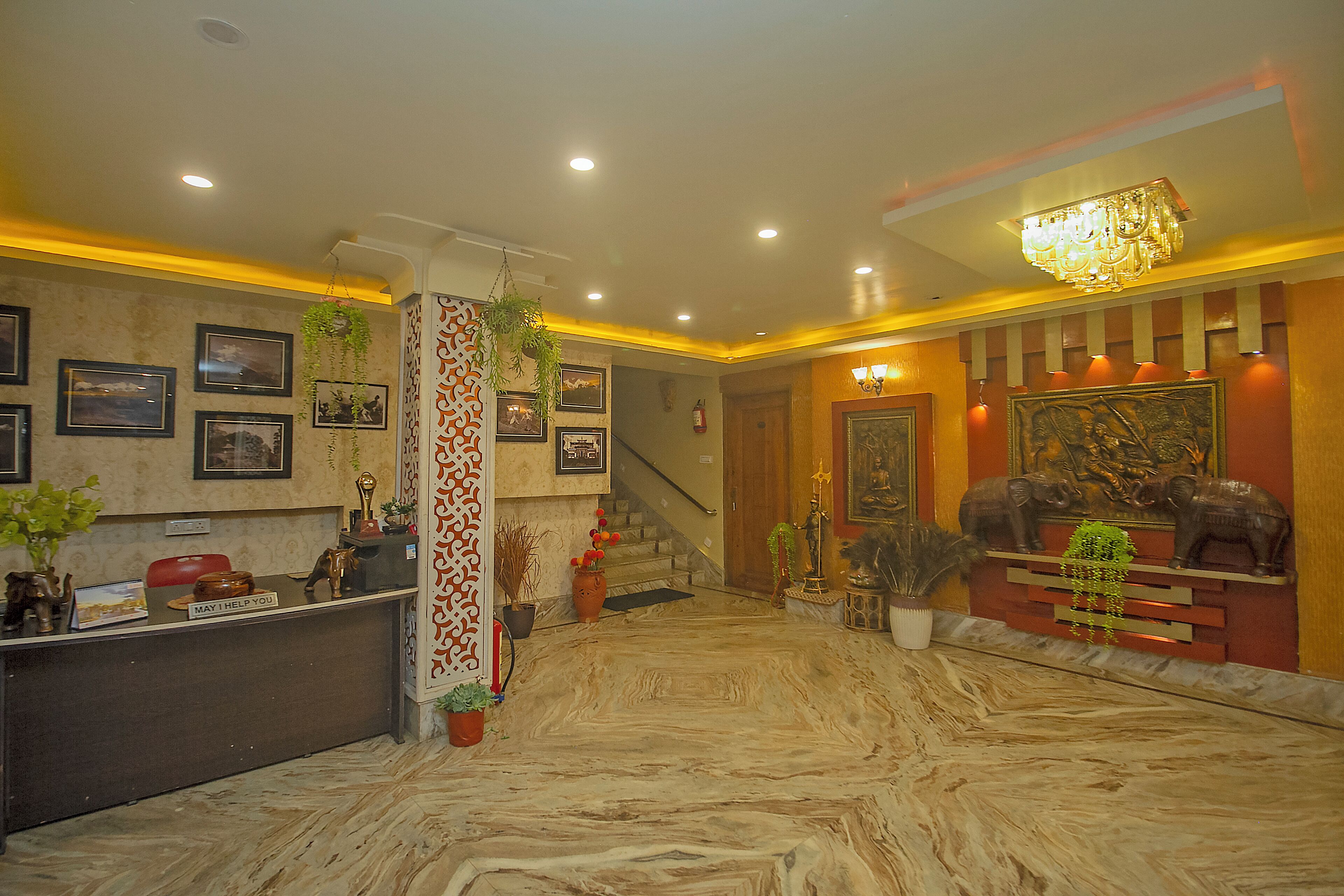 Een hotel lobby met een receptiebalie, ingelijste foto's, een trap en een decoratieve muur met olifantbeeldjes.
