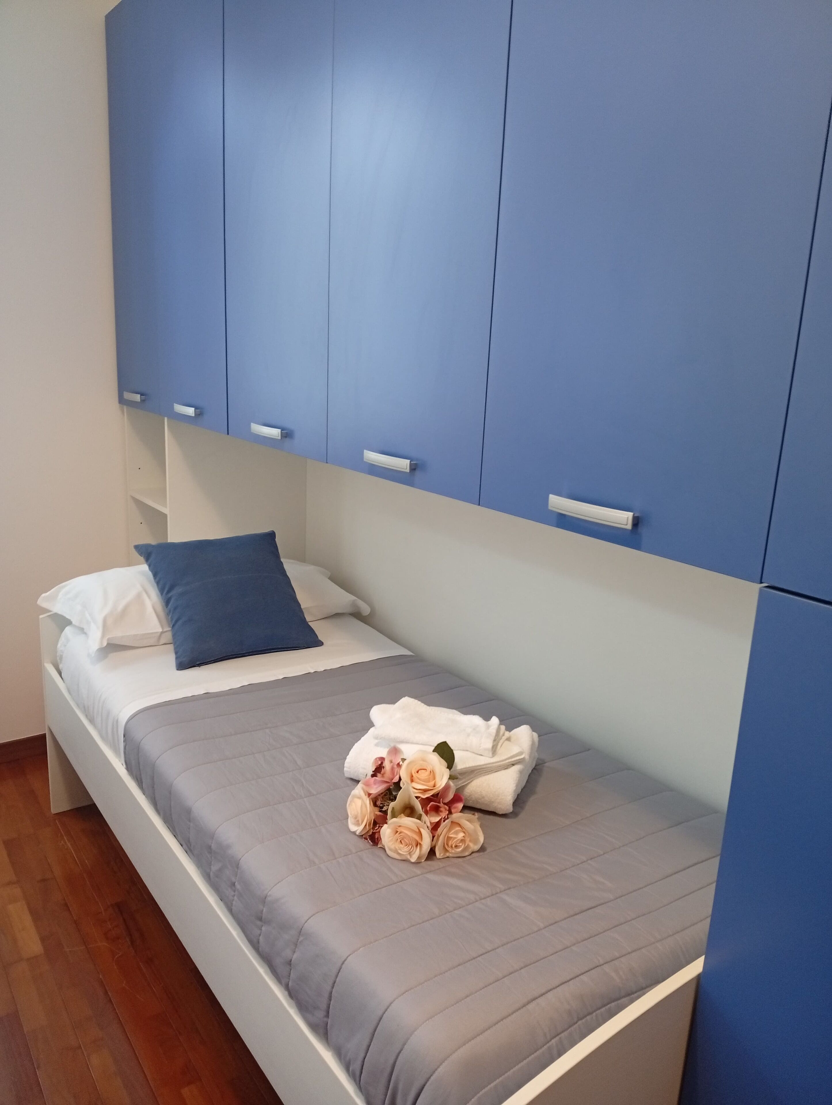 A single bed with a grey mattress, white pillows, and a blue pillow. There are blue cabinets above the bed.
