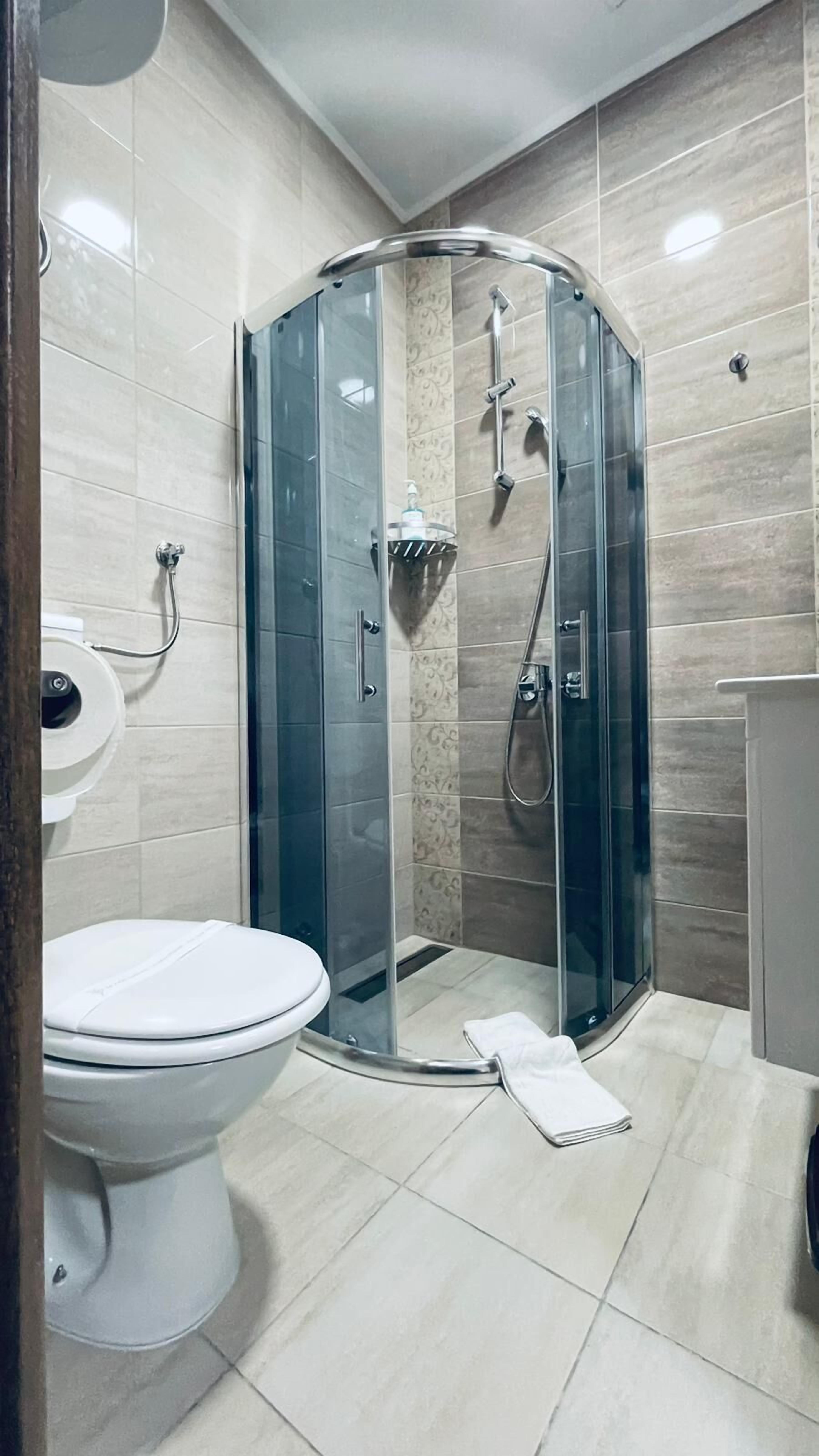 Klassieke driepersoonskamer | Badkamer | Een douche, een haardroger, handdoeken, zeep