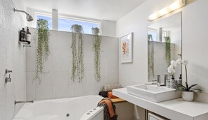 Hair dryer, towels, soap, shampoo