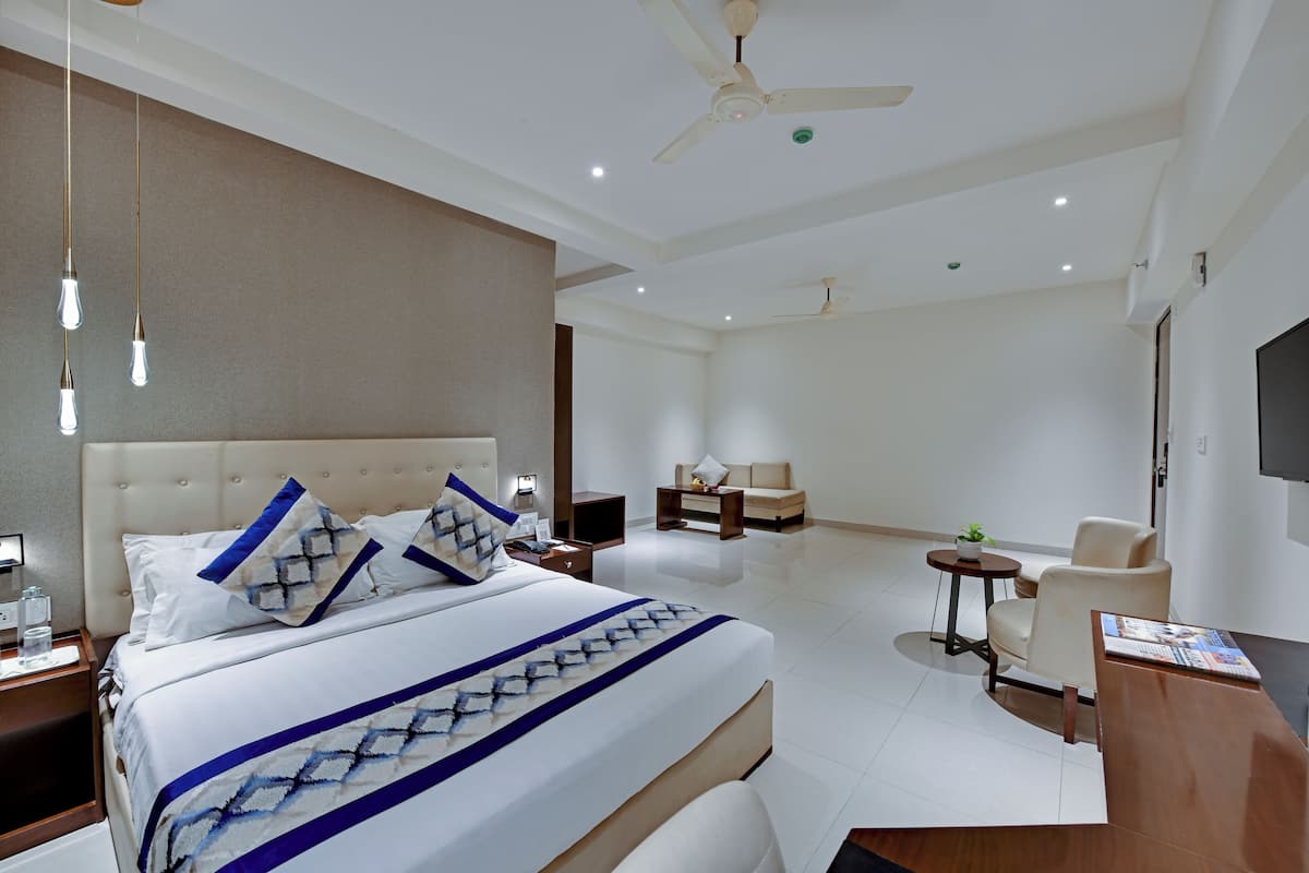 Una habitación de hotel moderna con una cama grande, un ventilador de techo, un televisor y una pequeña mesa con una planta.