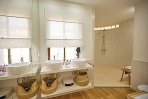Shower, hair dryer, towels, toilet paper