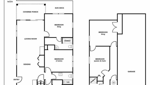 Grundriss eines zweistöckigen Hauses in der Ocean Blvd. 1019 mit überdachter Veranda, Sonnendeck, Erdgeschoss und Untergeschoss.