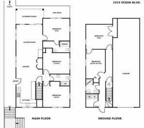 Plan d’étage d’une maison à deux étages située au 1019, boulevard Ocean, comprenant un porche couvert, une terrasse ensoleillée, un rez-de-chaussée et un étage.