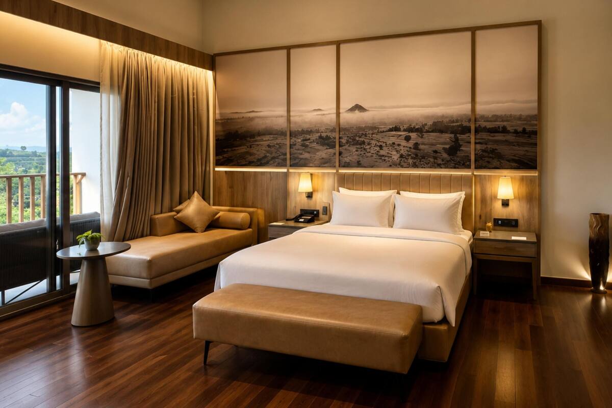 Quarto de hotel moderno com uma cama grande, um sofá, uma mesa pequena, uma mesinha de cabeceira e uma janela ampla com cortinas.