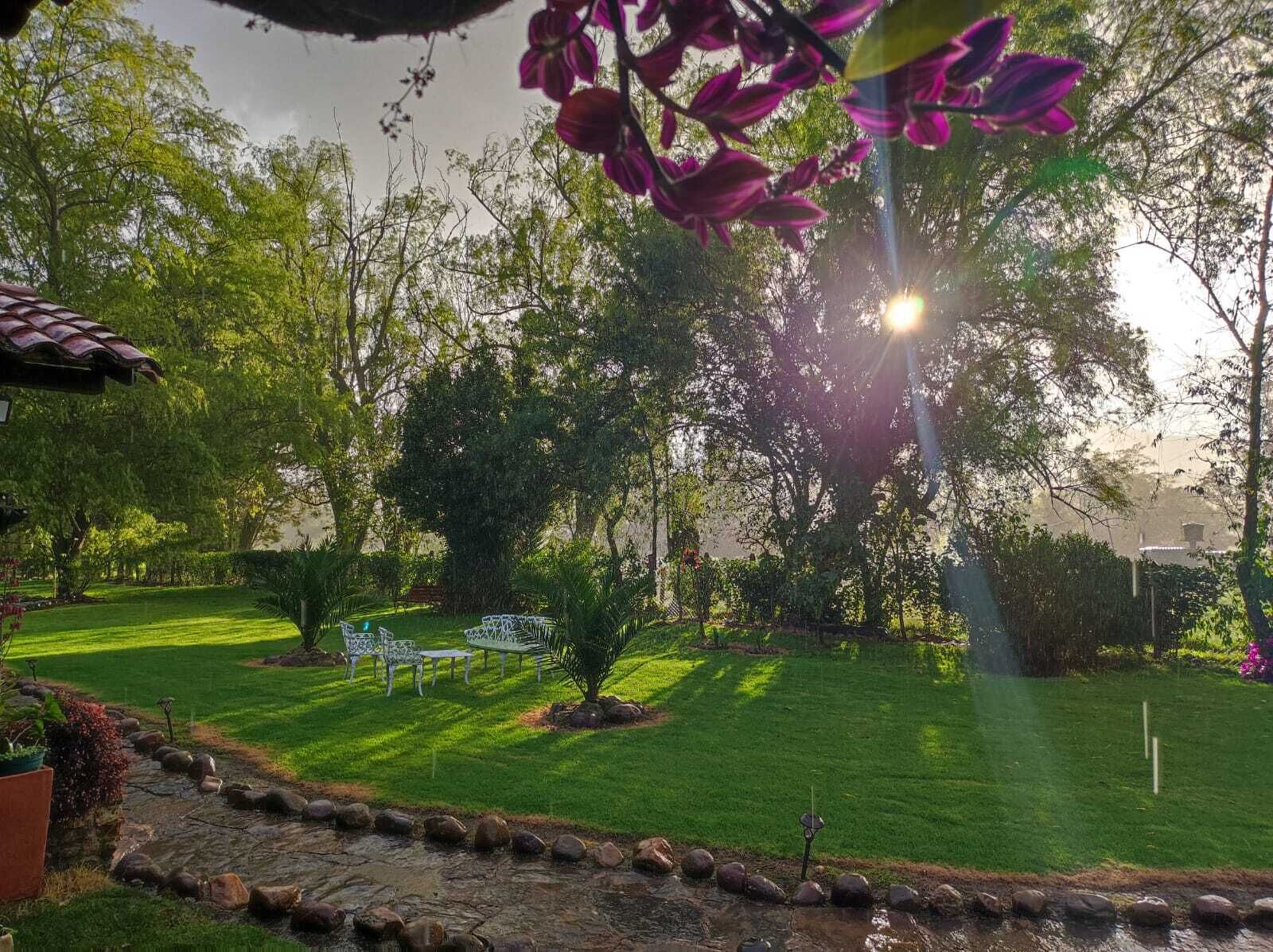 A well-maintained garden with a lawn, seating area, and a small water feature.