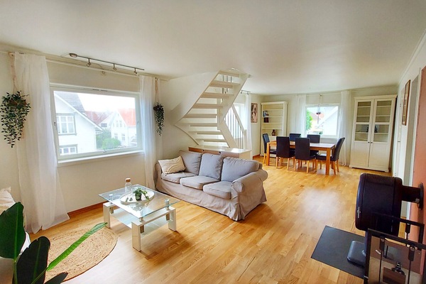 Overview of living room and dining area