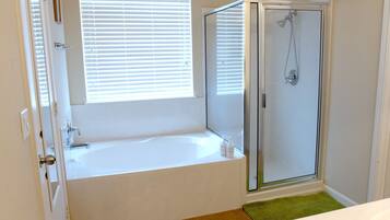 Hair dryer, towels, soap, shampoo
