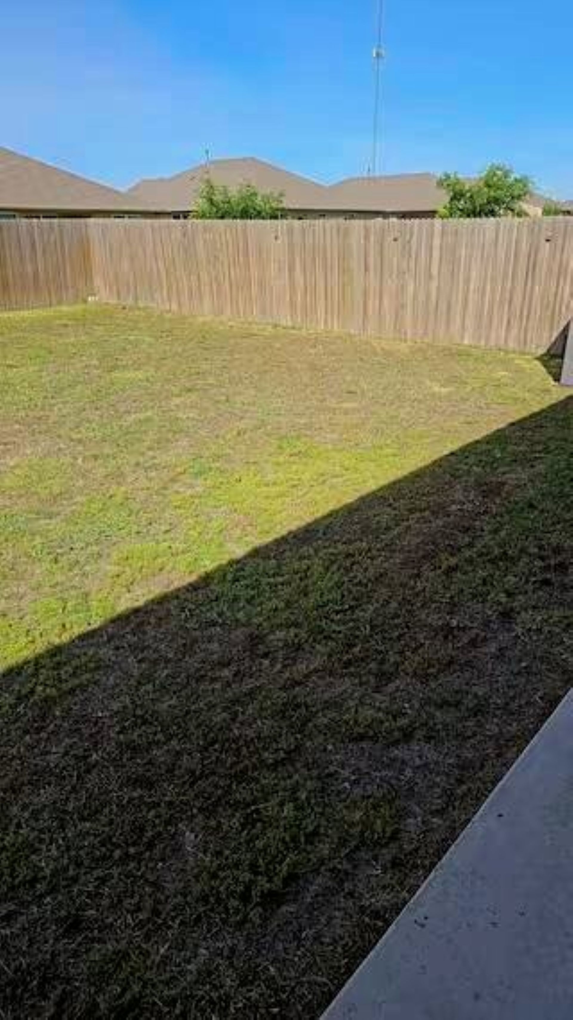 A backyard with a wooden fence, a grassy area, and a dark patch of ground.