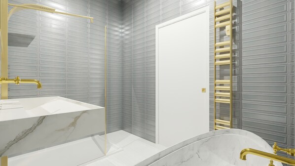 Shower, hair dryer, shampoo