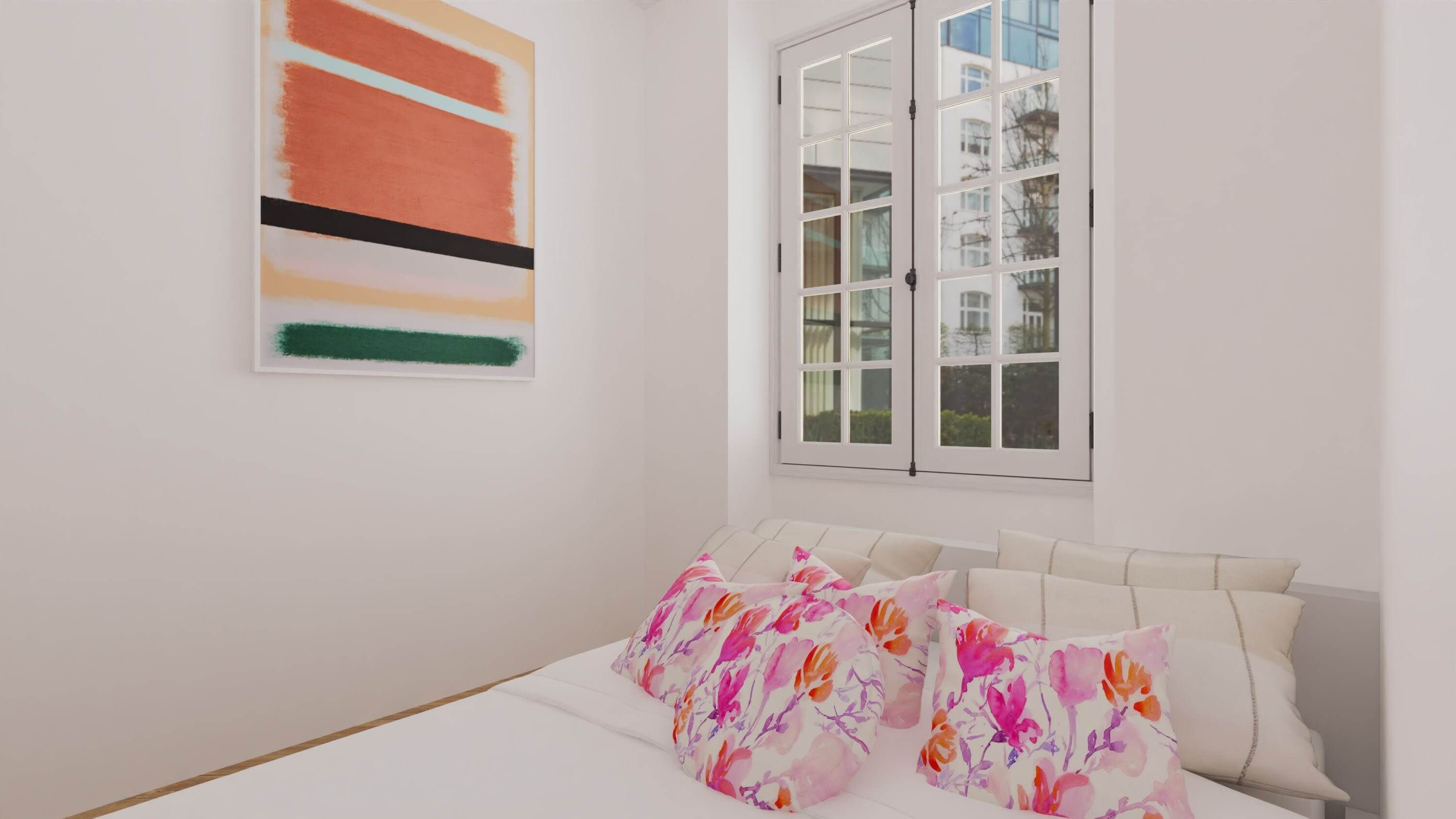 Quarto com cama, janela e pintura na parede.