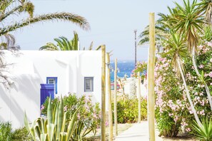 A white building with a blue door and window, surrounded by tropical plants and palm trees. - Baba Houlakia (Mykonos)