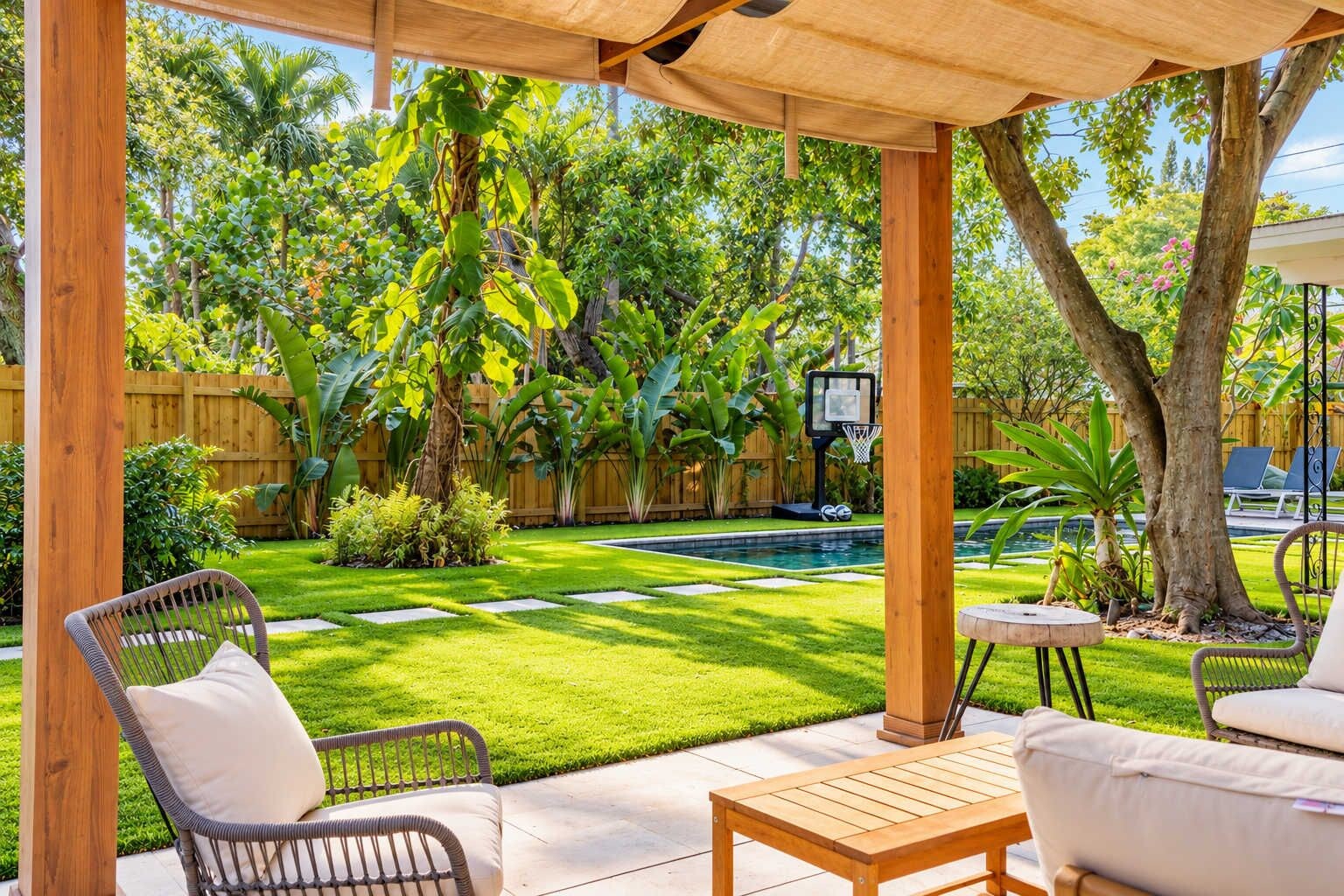 A covered patio area with outdoor furniture, a basketball hoop, and a swimming pool.
