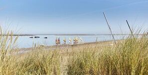 Une plage avec des bateaux, un ciel dégagé et de l’herbe haute au premier plan.