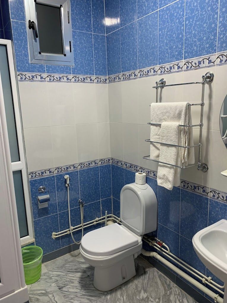 A bathroom with a toilet, bidet, and sink, blue and white tiled walls, and a green trash bin.
