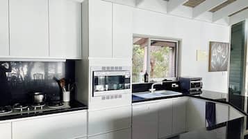 Frigorífico, microondas, horno y placa de cocina