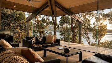 Smart TV, fireplace, books