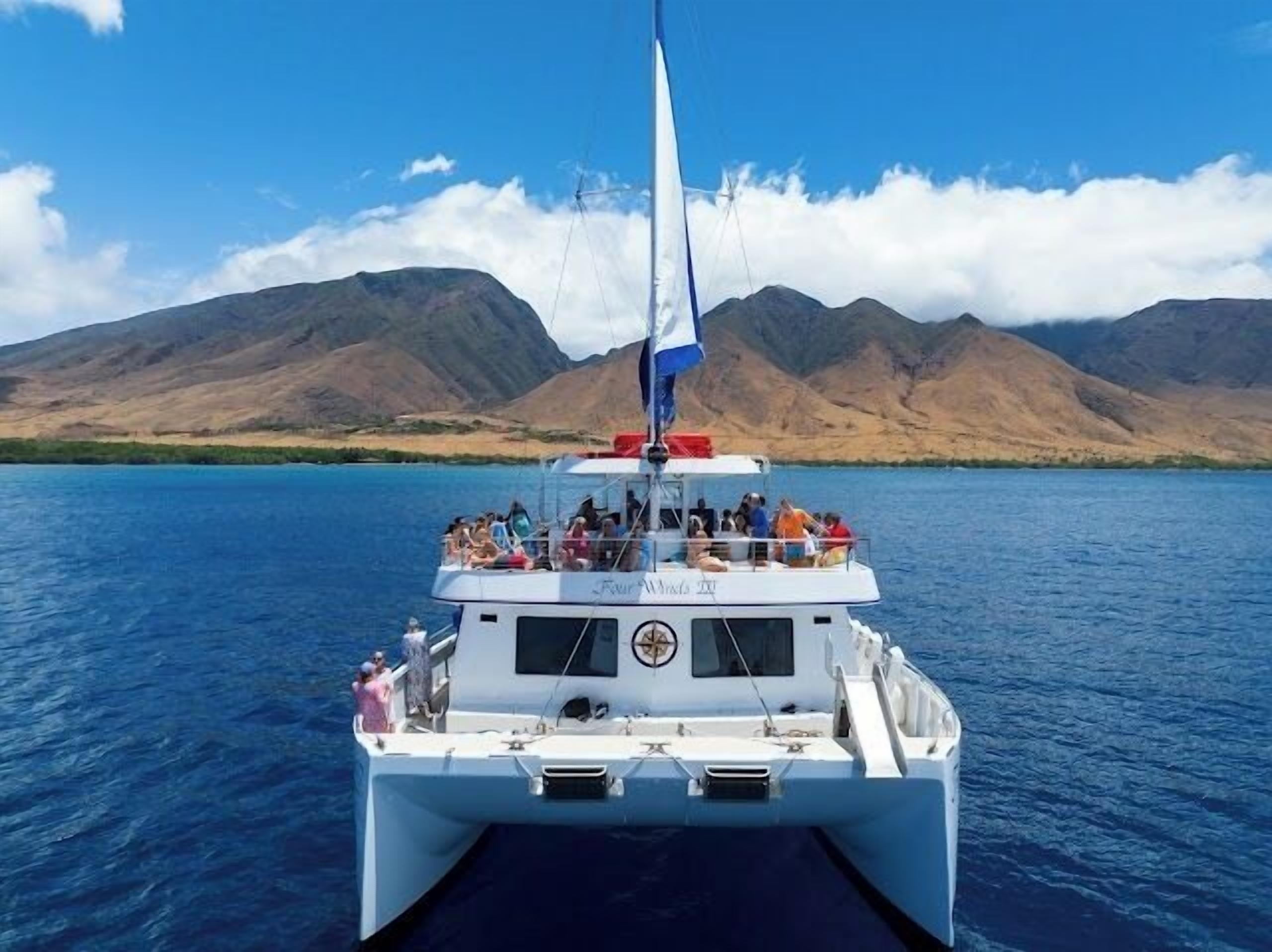 A boat with passengers, a flag, and mountains in the background.
